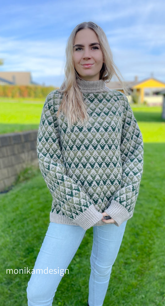 Diamantdråpegenseren ovenfra og ned strikket. Str S(M)L(XL)XXL