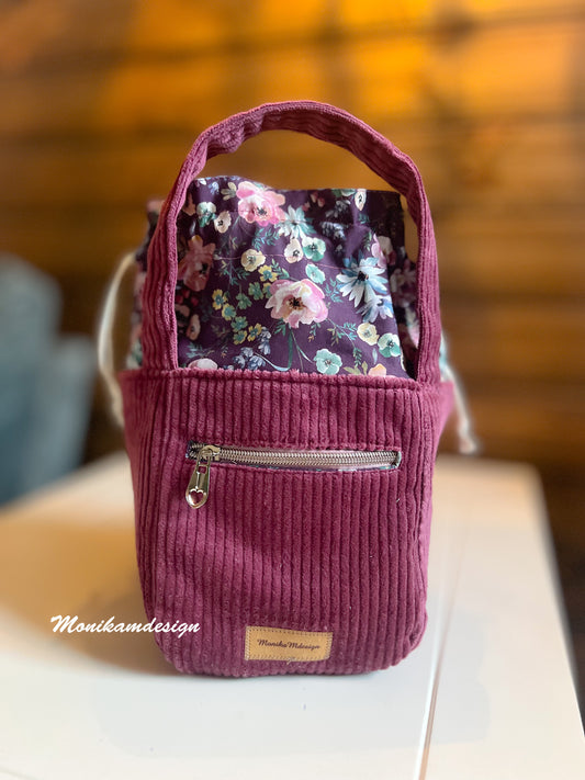✨ Project bag in burgundy corduroy with floral drawstring