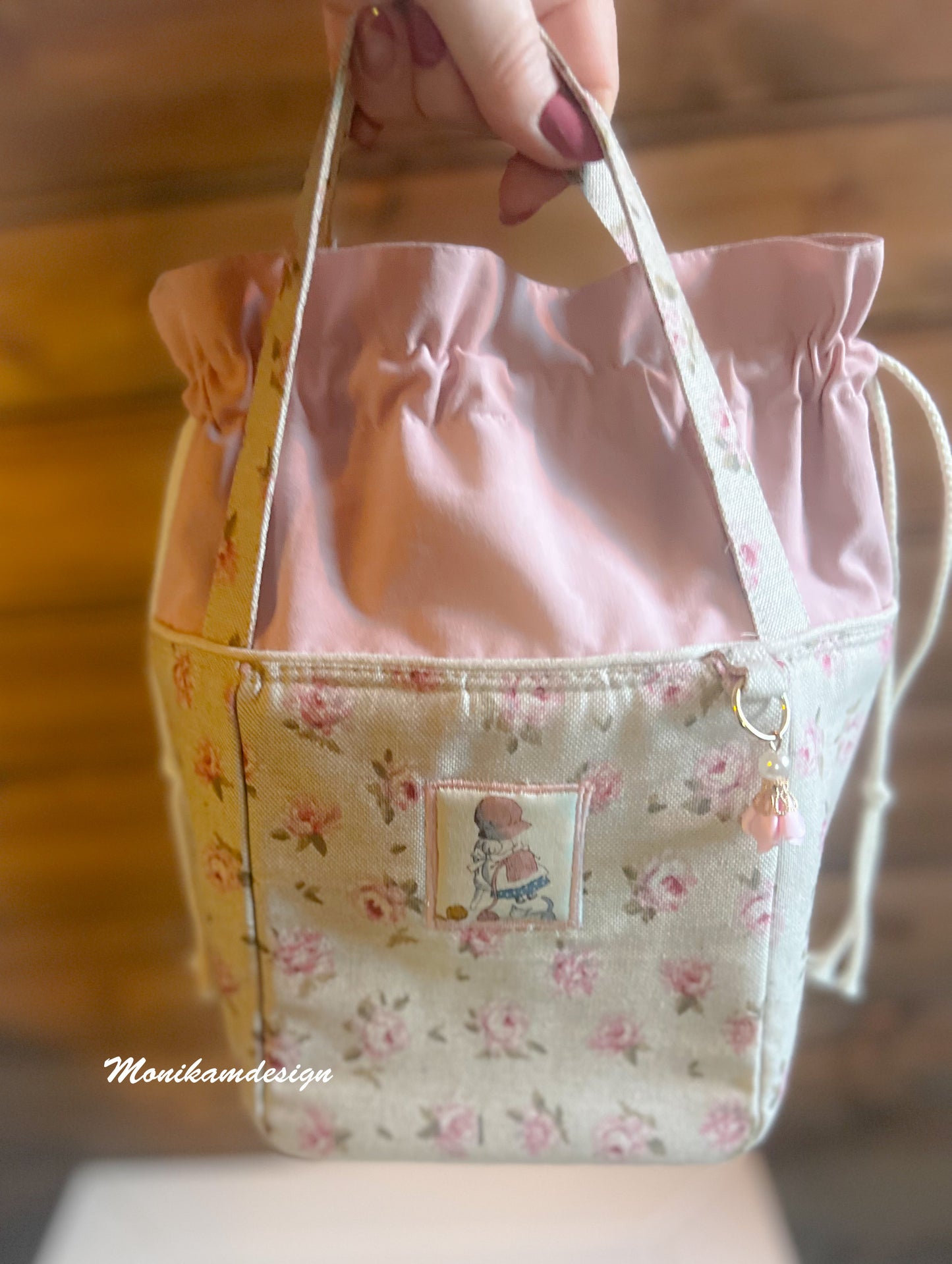 project bag for little knitting moments beige with pink small flowers