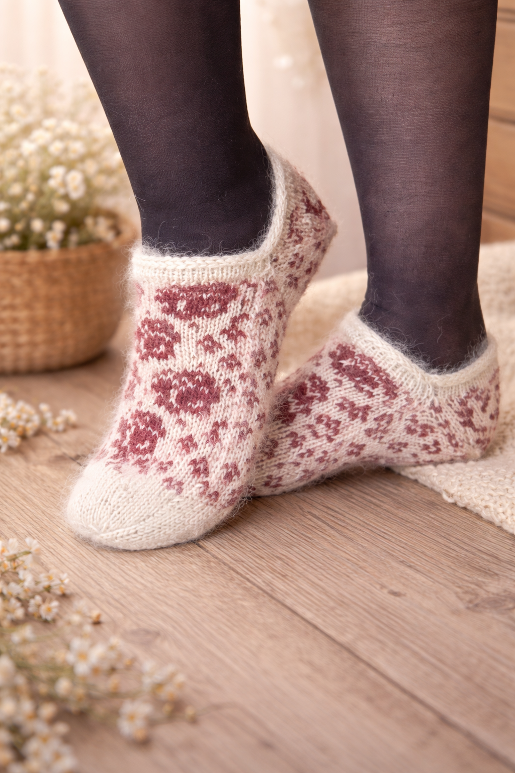 Garnpakke Roser er røde tøfler  strikkes i en kombinasjon av Lunt og Lett garn – én tråd av hver garnkvalitet sammen.