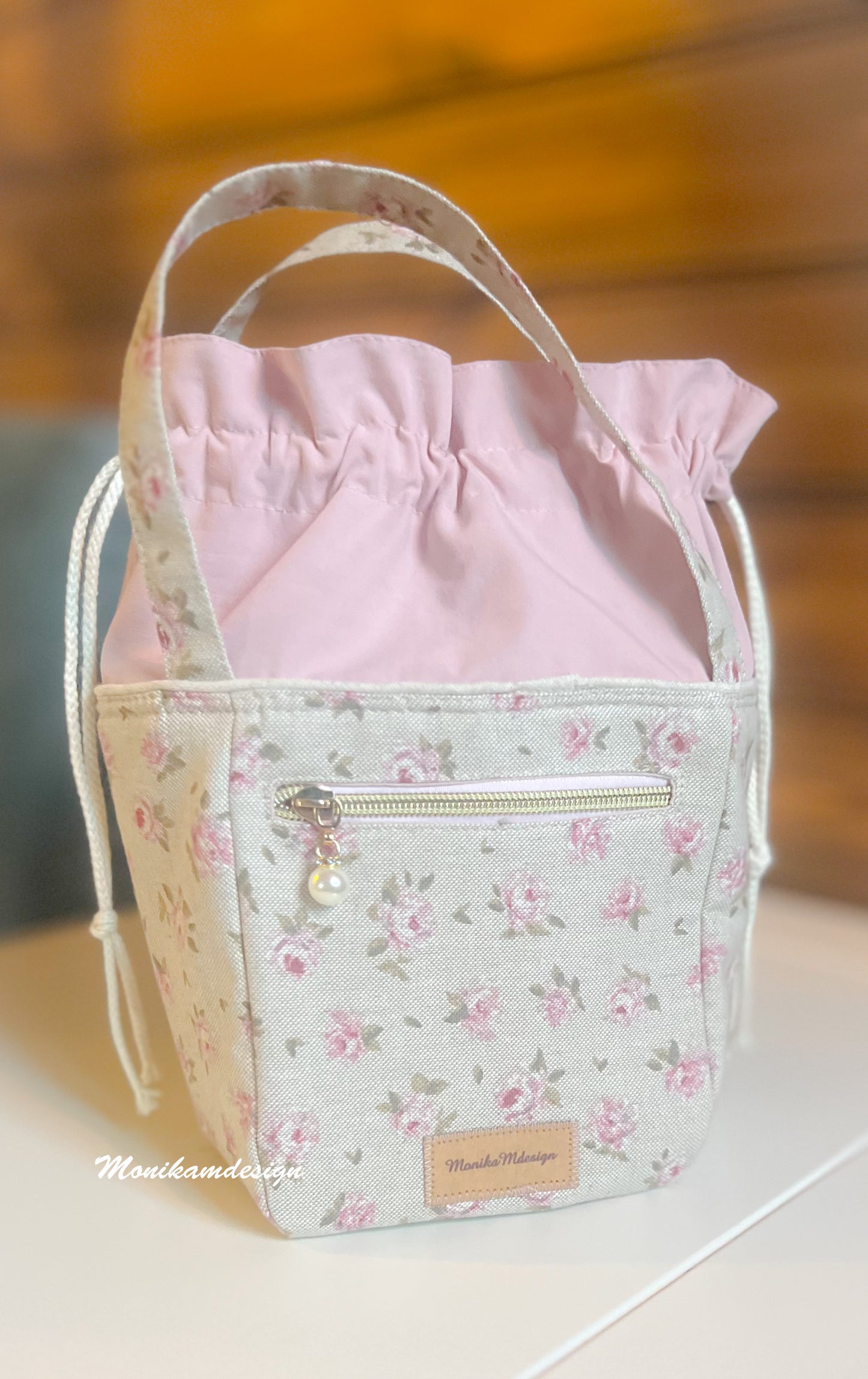 project bag for little knitting moments beige with pink small flowers