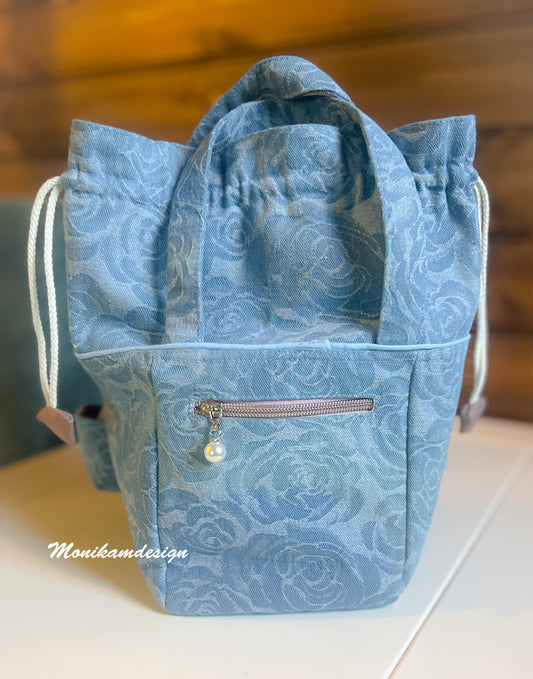 project bag for small knitting moments sewn in denim