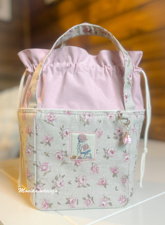 project bag for little knitting moments beige with pink small flowers